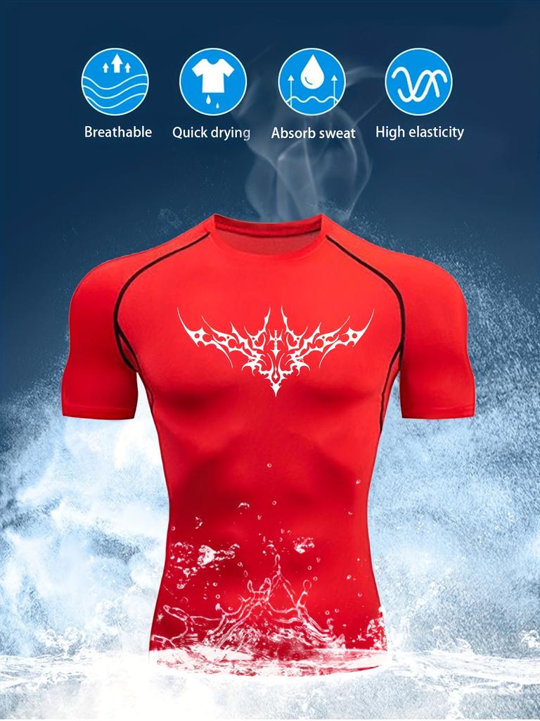 Men's Black Tribal Print Compression T-Shirt, Quick Dry Breathable Athletic Workout Top