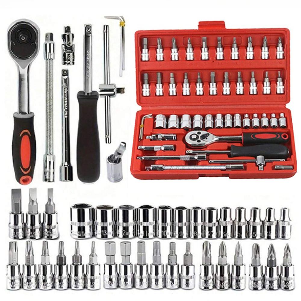 

46Pcs machine tool socket set, 1/2 inch, 1/4 inch, 3/8 inch drive, universal ratchet wrench set with 72-tooth ratchet, suitable for automotive use.