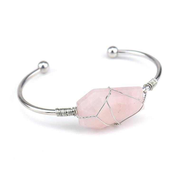 

Handmade Copper Wire Winding Natural Crystal Hexahedron Bracelet Bracelet Bracelet Rough Stone Crystal Bracelet B21 all natural рожевий кварц кольору