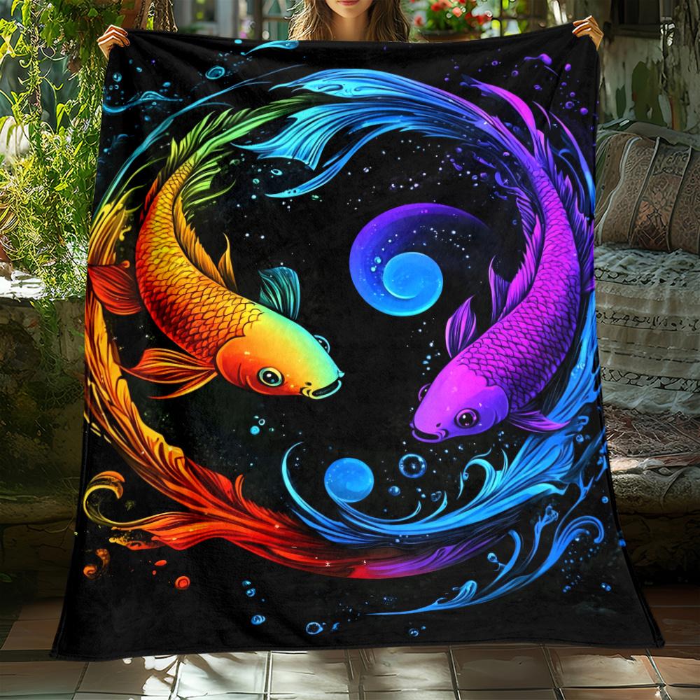 Yin Yang Koi Fish Cosmic Design Fleece Blanket Soft Flannel Throw Spiritual Zen Art Home Decor Gift For Meditation Yoga Lovers 75X95CM
