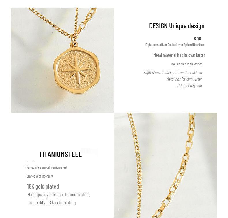 French Niche Eight-Pointed Star Pendant Necklace, Double Chain, 18K Gold-Plated Titanium Steel Clavicle Chain Jewelry P574