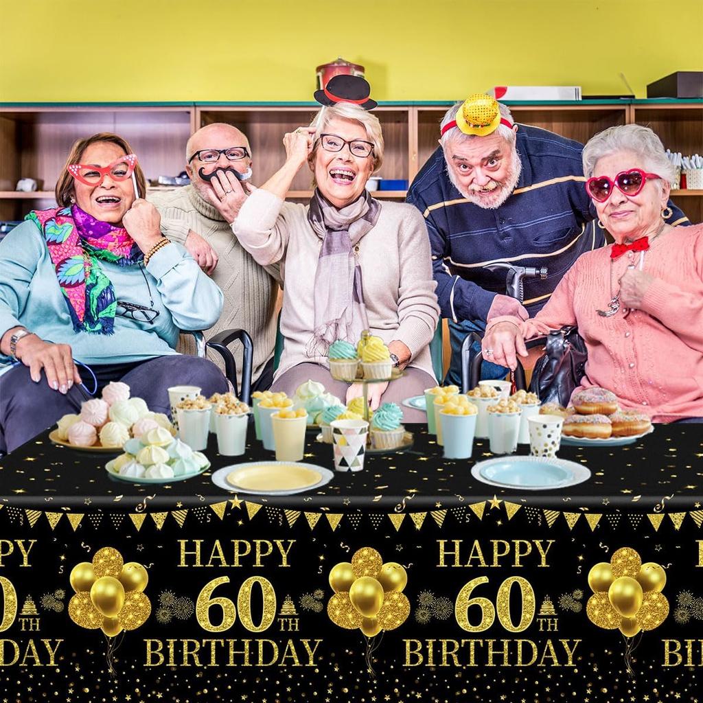 3Pcs 60th Birthday Tablecloth Decorations 60 Year Old Birthday Decorations Black Gold Happy 60 Birthday Table Cloth Rectangle Table Decorations 60th