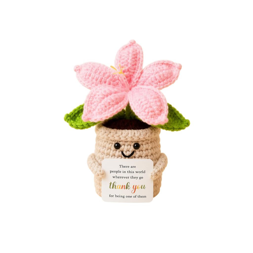 Hand Knitted Bouquet in Pot with Uplifting Sentiment Card - Artificial Plant Home Decor