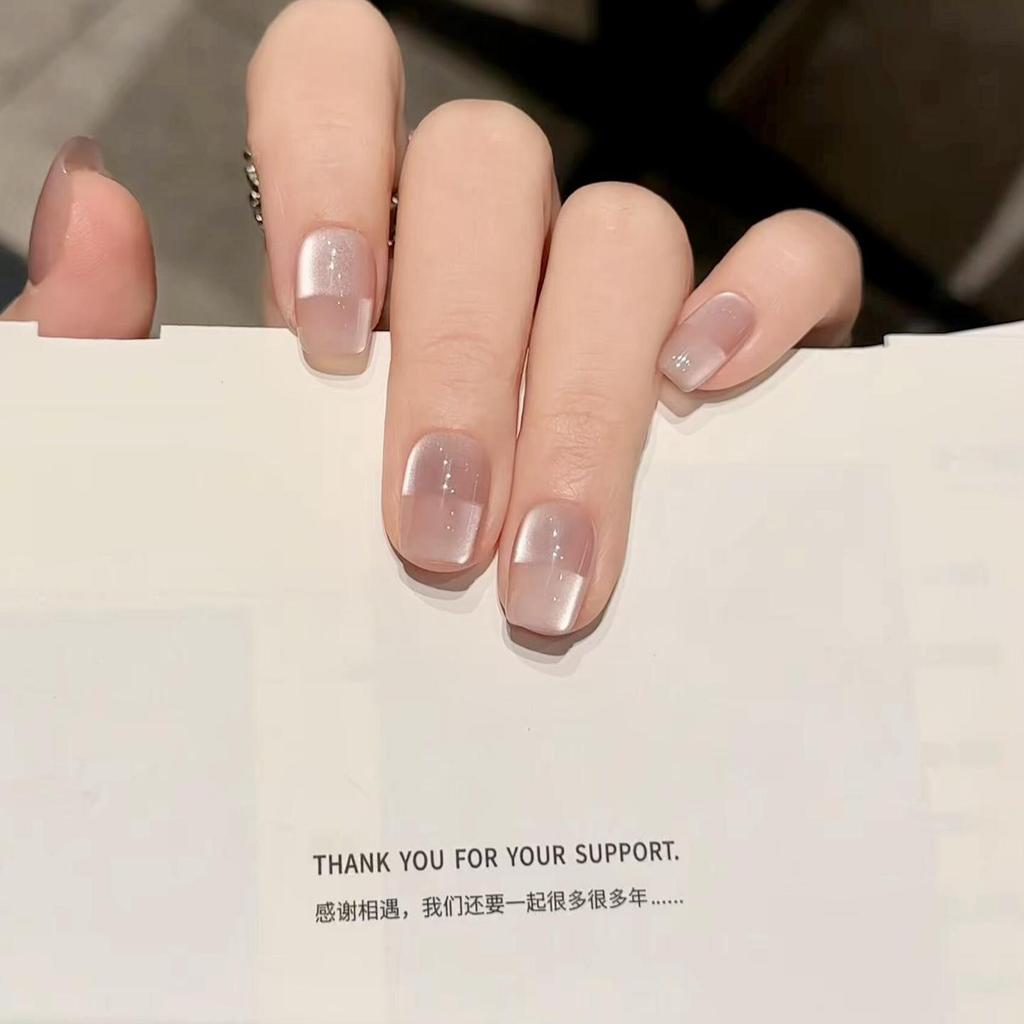Simple Glass Bead Space Cat's Eye Pure Hand-worn Nail Advanced Nude White Short Nail Patch Fake Nail