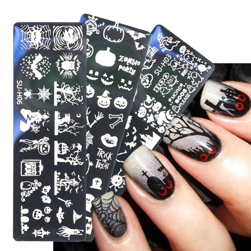 Halloween Nail Art Stamping Templates Kit 6 Pcs Nail Art for Image Plates Pumpkin Ghost Skull Bat Owl Spider Web Nail De