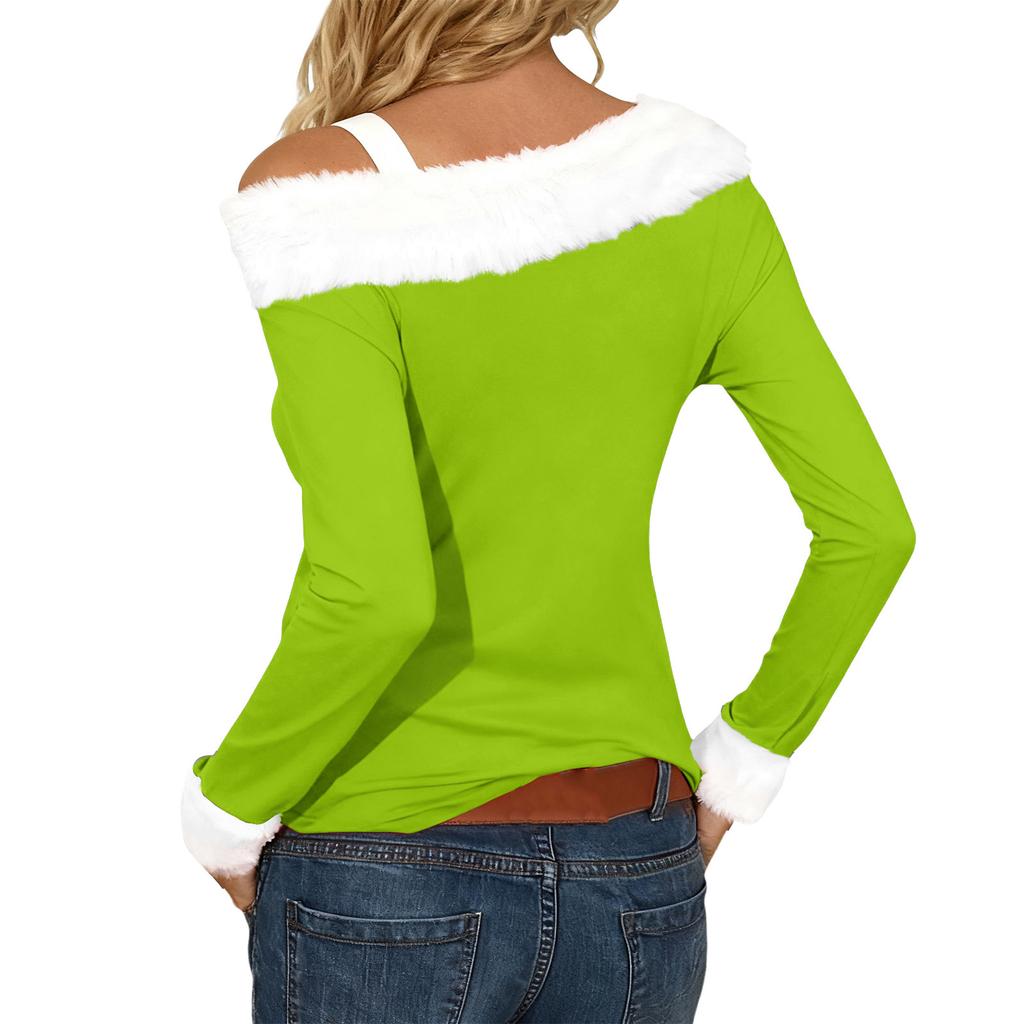 Women's Casual Fashion Sexy Off-Shoulder Collar Christmas Pattern Long Sleeve Crewneck T-Shirt Top