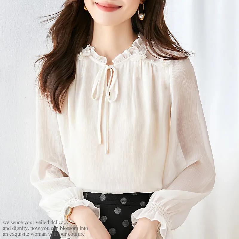 Chiffon Shirt Women's Long-sleeved Spring and Summer New Fungus Collar Top Tie Flower French Chic Bottoming Shirt