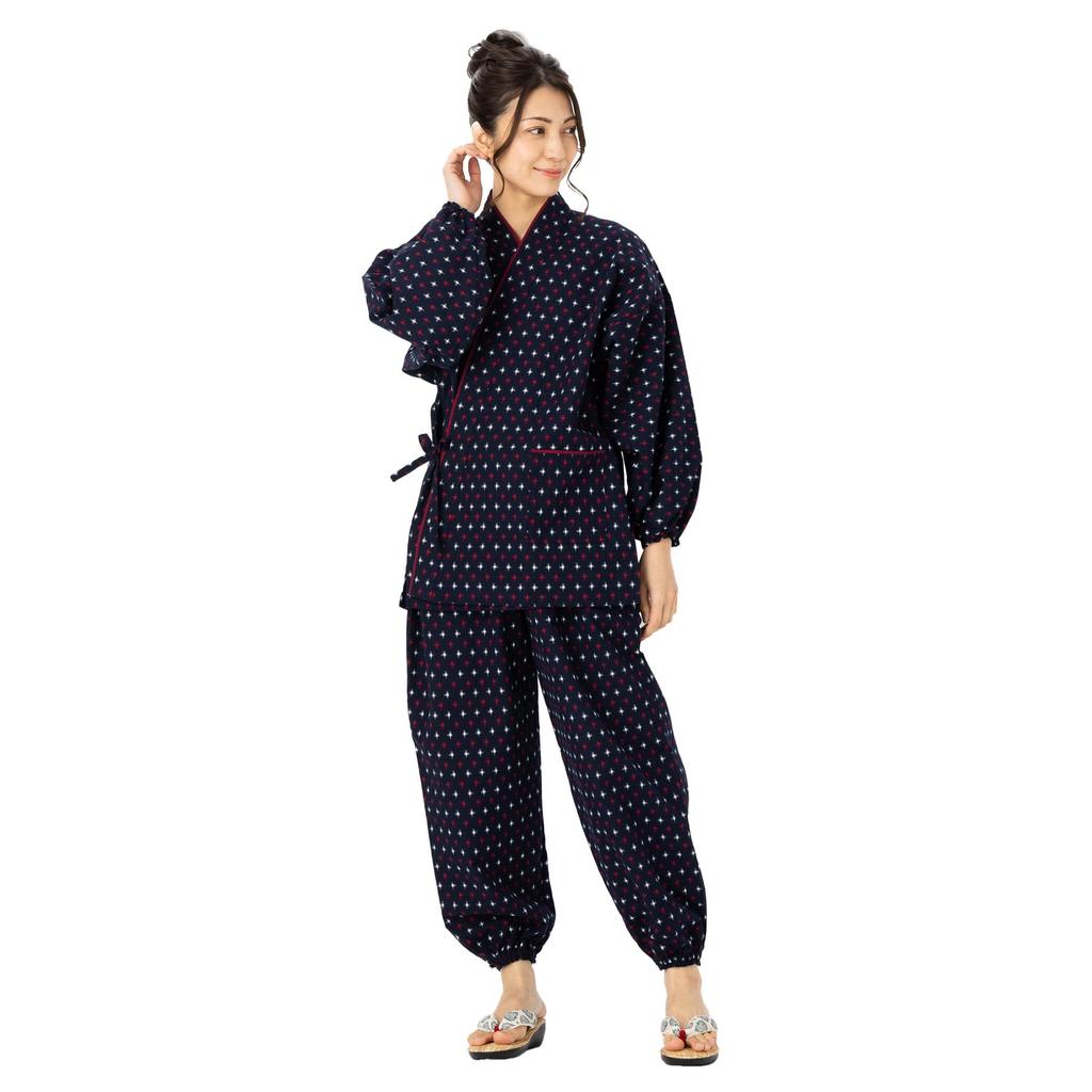 Watanosato Work Clothes for Kurume Dobby Hail Top and Bottom Japanese-made Women, Stylish, Weave, Women's, Weave, Pattern, Set, 5322-2 (cross Red, M)