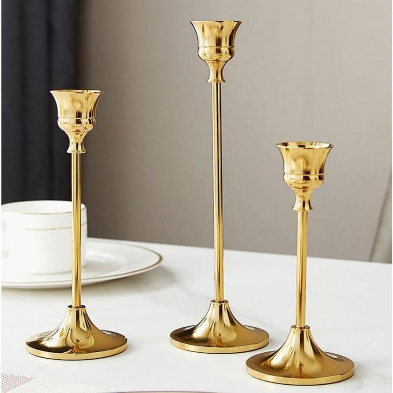 Portacandele Conici in Ottone Dorato/Metallo Nero, Candeliere Decorativo Vintage Moderno per Camino