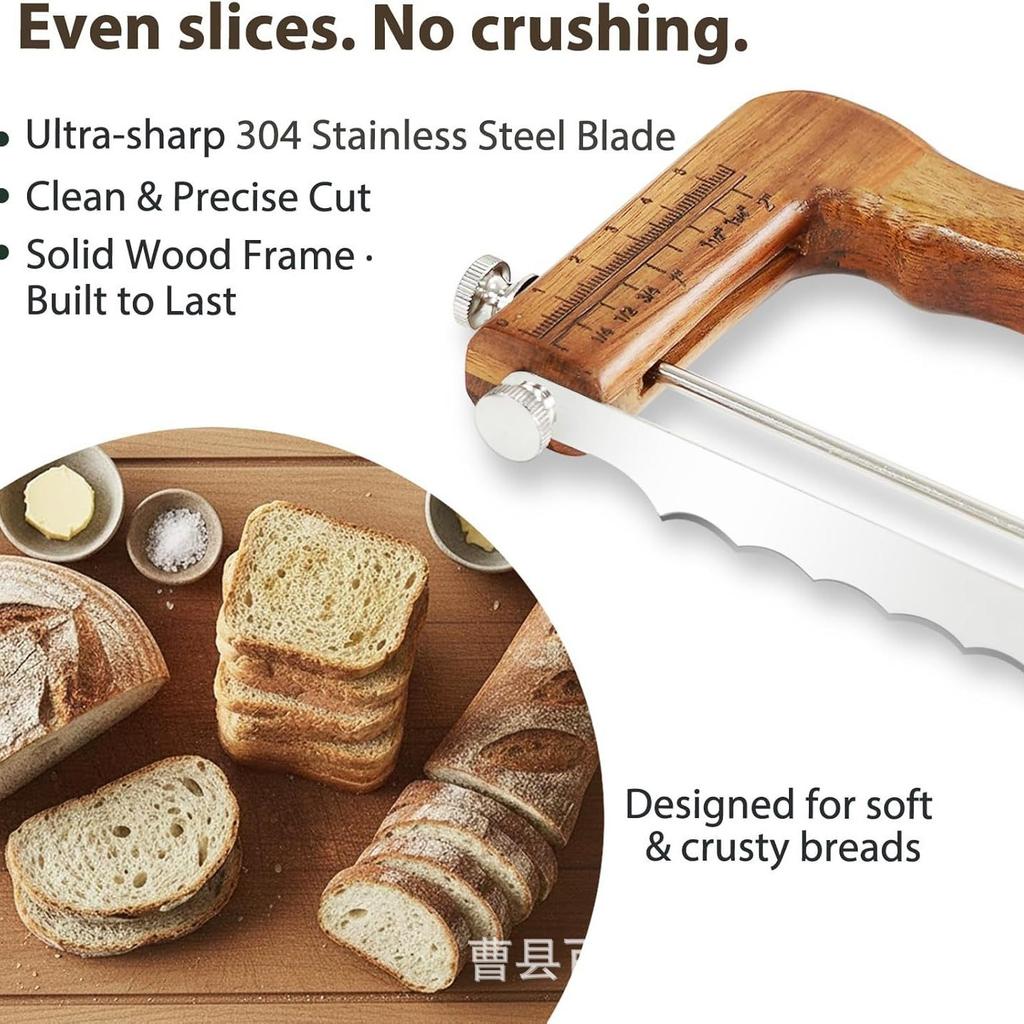 Wooden Bread Slicing Bow Knife - Handheld Serrated Toast Slicer for Homemade Sourdough & Crusty Bread