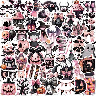 50 Niedliche Schwarz & Rosa Halloween-Sticker: Cartoon-Designs für Handy, Laptop & Notebook - Wasserdicht & Dekorativ