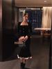 Women's Retro Black Velvet Fishtail Dress, French Square Neck, Winter Slim Fit Long Skirt