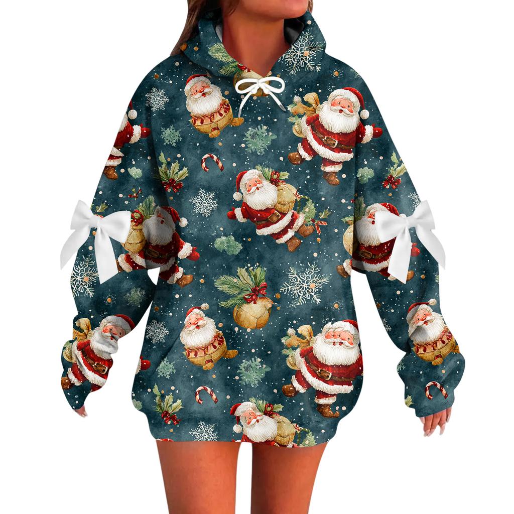 Ladies' Christmas Printed Bow Long Sleeved Loose Fitting Headband With Rope Hooded Sweatshirt Top