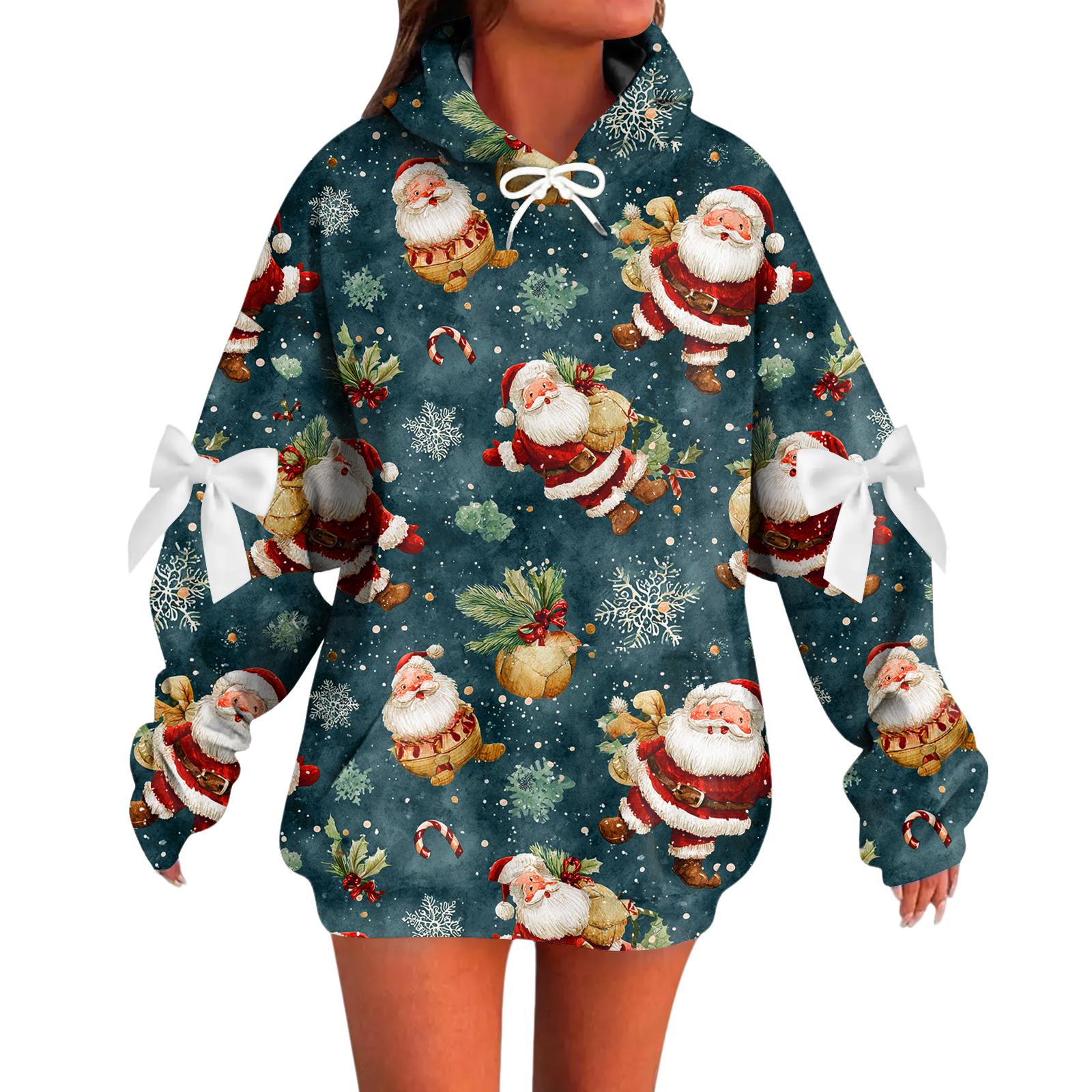 

Ladies Christmas Printed Bow Long Sleeved Loose Fitting Headband With Rope Hooded Sweatshirt Top L армія зелений колір