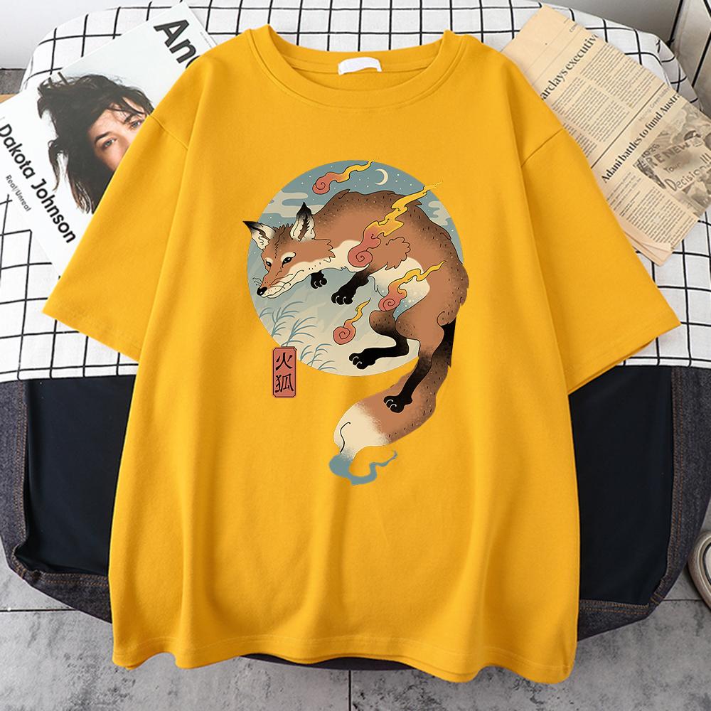 

Мультяшная лиса в огне, с японским принтом, мужская футболка с коротким рукавом, повседневная хлопковая футболка Харадзюку, одежда оверсайз из хлопка 3XL