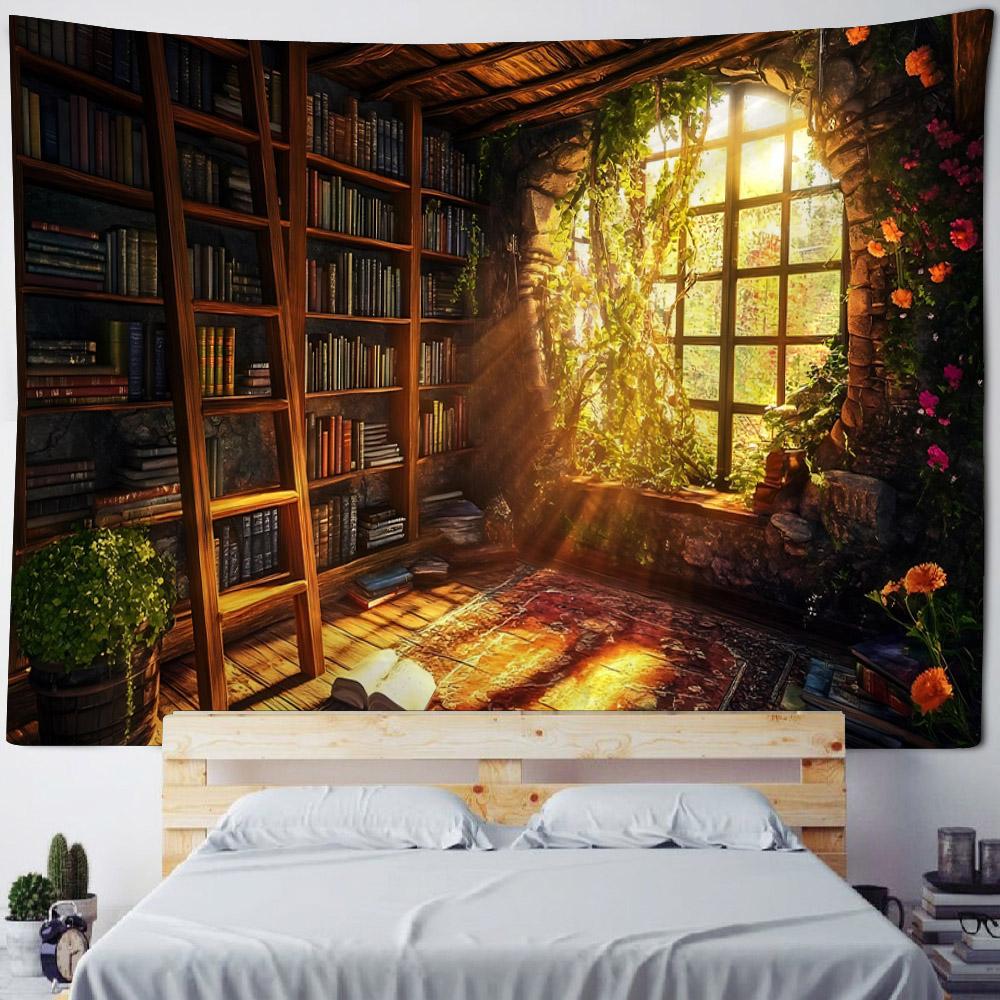 Magic Bookshelf Wall Mounted Tapestry Library, Living Room Background Cloth, Aesthetic Bedroom Decoration, Dreamy Home Decor