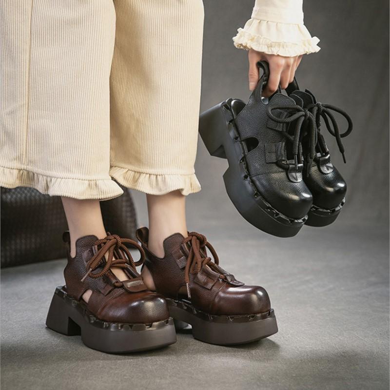 Johnature Retro Sandały z Prawdziwej Skóry z Wycięciami Okrągły Nosek Sznurowane Gruba Podeszwa Buty Damskie