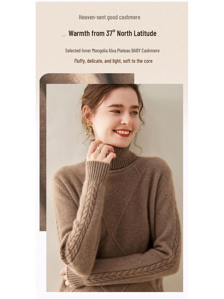 Women's Diamond Knit Cashmere Turtleneck Sweater - Thick, Stylish Base Layer for Autumn/Winter Outfits