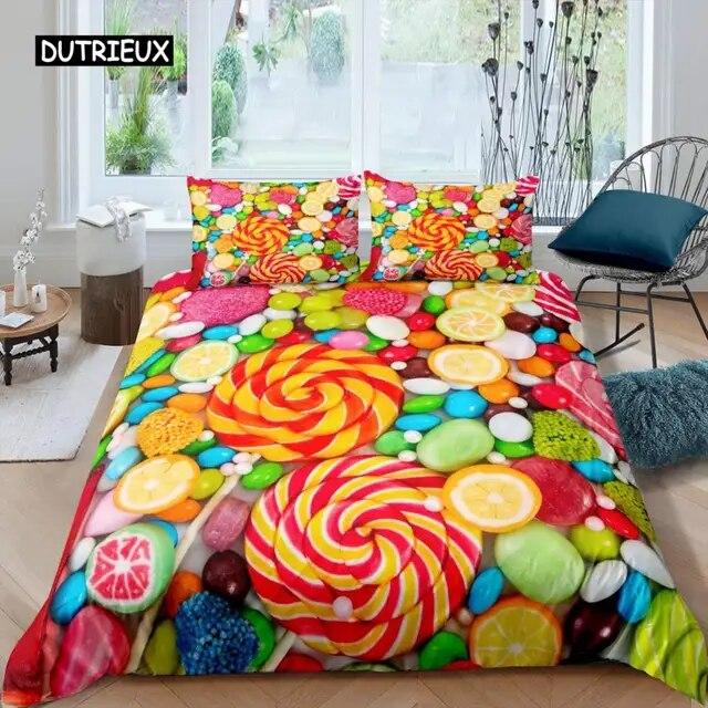 Lollipop Duvet Cover Set Food Theme Comforter Cover Blue Bubble Bedding Set for Kids Children Women Girly Dreamy Quilt Cover Three-piece Set
