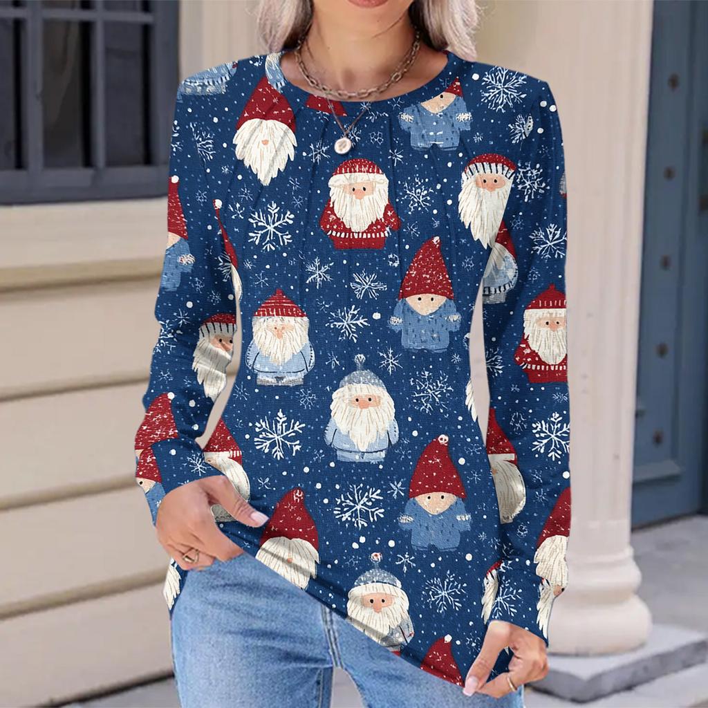 Women's Fashionable Casual Christmas Printed Pleated Comfortable Round Neck Loose Long Sleeve T-Shirt Top