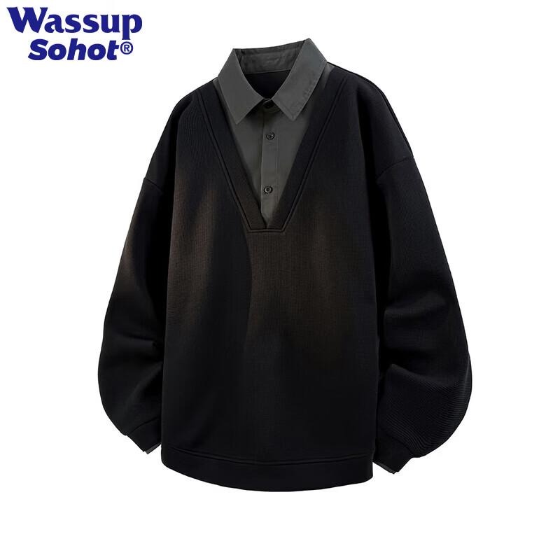 Wassup Sohot Men's Faux Two-Piece Heavyweight Polo Sweatshirt