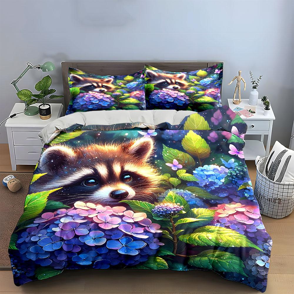 Whimsical Raccoon In Floral Wonderland Exquisite Three-Piece Bedding Set Gift For Kids And Adults