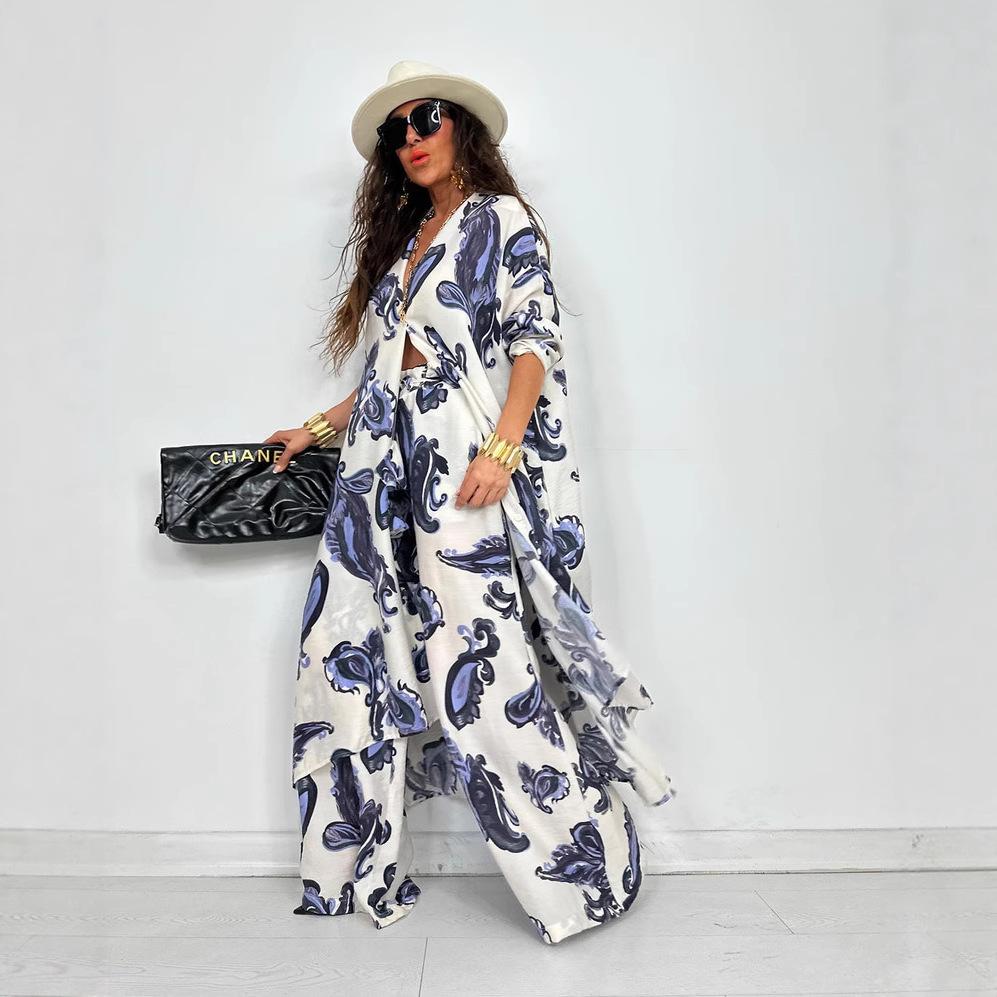 2025 Autumn New Women's Lapel Print Medium and Long Top Wide-leg Pants Two-piece Set