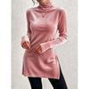 New Women's Velvet Turtleneck Sweater, Slim Fit Split Hem Casual Solid Pullover, Warm Basic Top for Autumn Winter