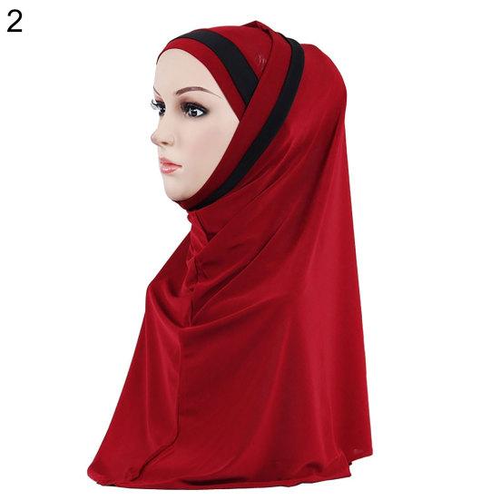 Women Color Block Muslim Soft Hijab Wrap Polyester Islamic Scarf Cap Headwear