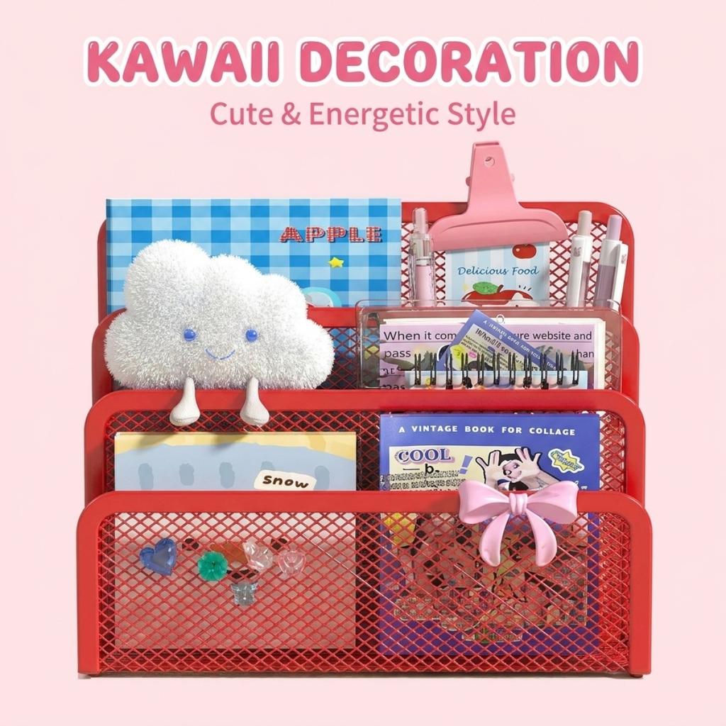 KAWAII Red Letter Sorter – Tiered Storage Mesh Organizer, Metal File Holder for Documents, Stylish Desk Decor for Women