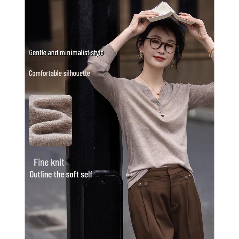 Demana Effortless Comfort V-Neck 3-Button Long-Sleeve Knit Top