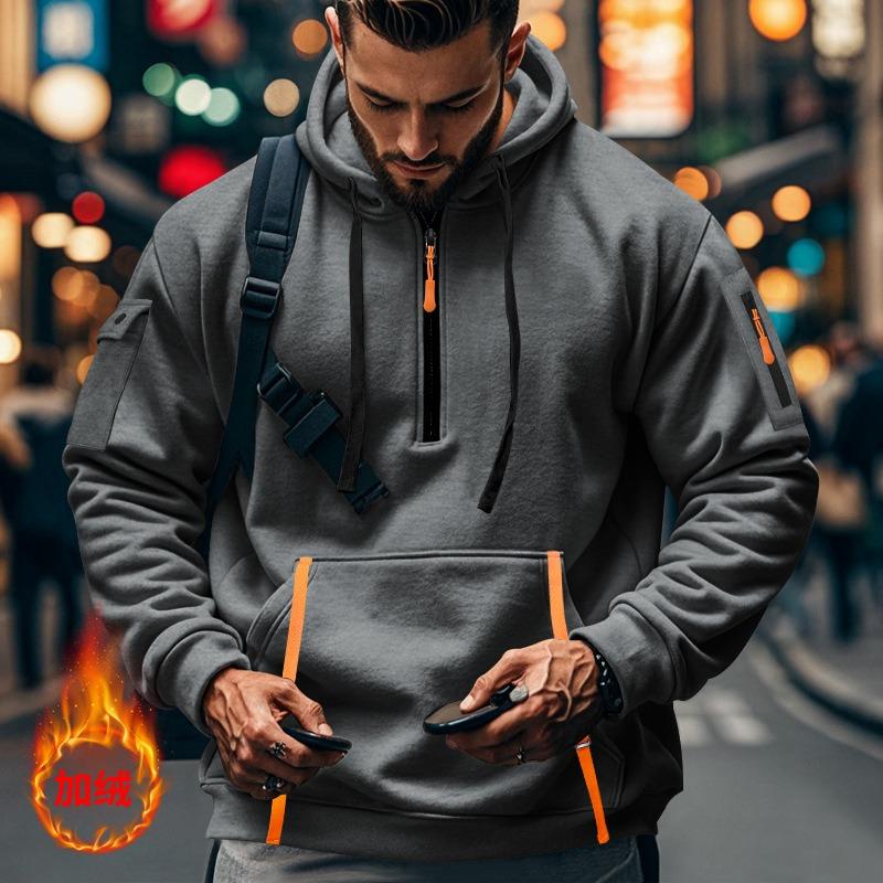 Mens Casual Fleece Lined Hooded Pullover Sweatshirt Zipper Pockets Plus Size