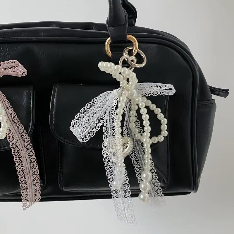 1 Piece Phone Charm Strap Pendant Sweet Imitation Pearls Lace Bow Beaded Keychain Bag Hanging Cord For Women Girl