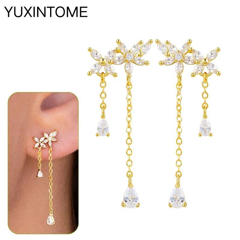 925 Silbernadel Exquisite Weiße Zirkon Steckerohrringe für Damen Geometrische Lange Kette Quaste Ohrringe Luxuriöser Schmuck