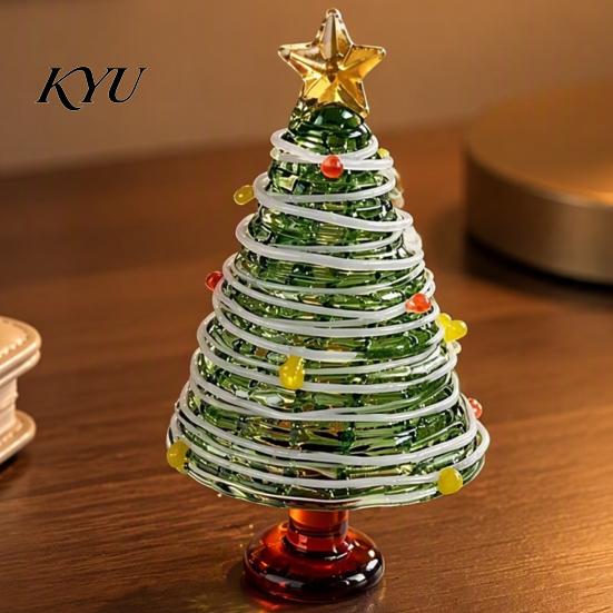 Miniature Xmas Tree Figurine Glazed Christmas Figurine, Colorful Decor, Handcrafted Glass Craft for Display Table Centerpiece Home Office Holiday