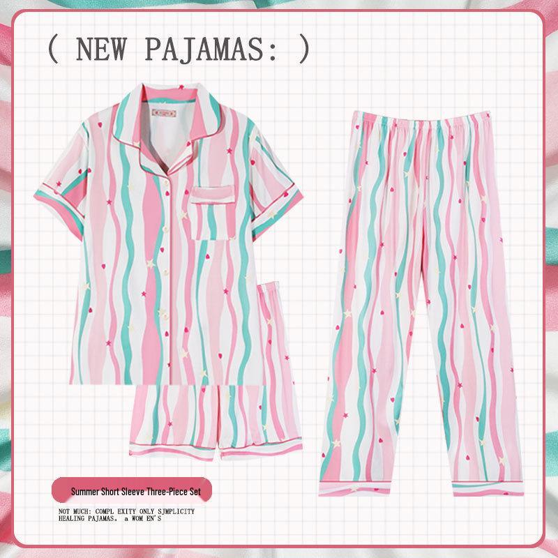 Pastoral Women's Pajama Set: Soft, Cute Rabbit Design, Short-Sleeve, Casual Three-Piece Loungewear.