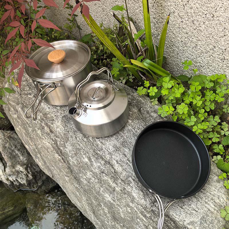 3-Piece 304 Stainless Steel Camping Cookware Set: Kettle, Frying Pan, Cooking Pot with Utensils