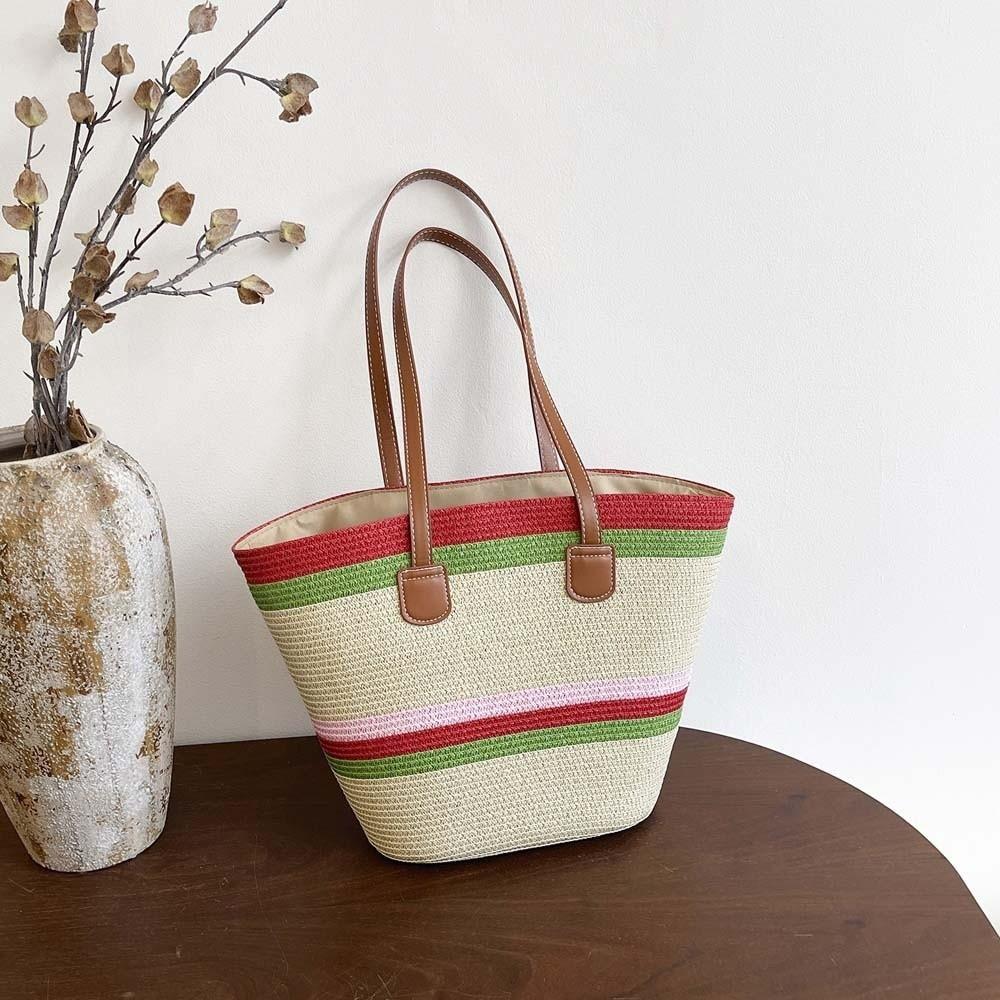 Large Capacity Shopping Straw Bag Polyester Summer Beach Handbag Stripe Woven Tote Bag Daily