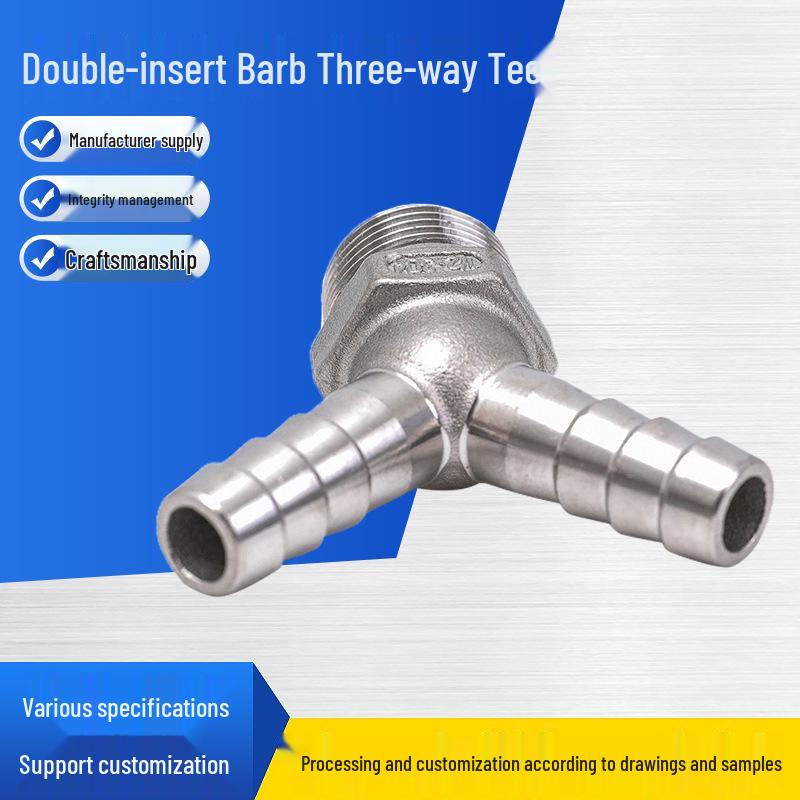 304 Stainless Steel Y-Type Male Thread Double Barb Fitting, Herringbone Three-Way Green Head Hose Connector 304 Female Thread DN15 1/2*12