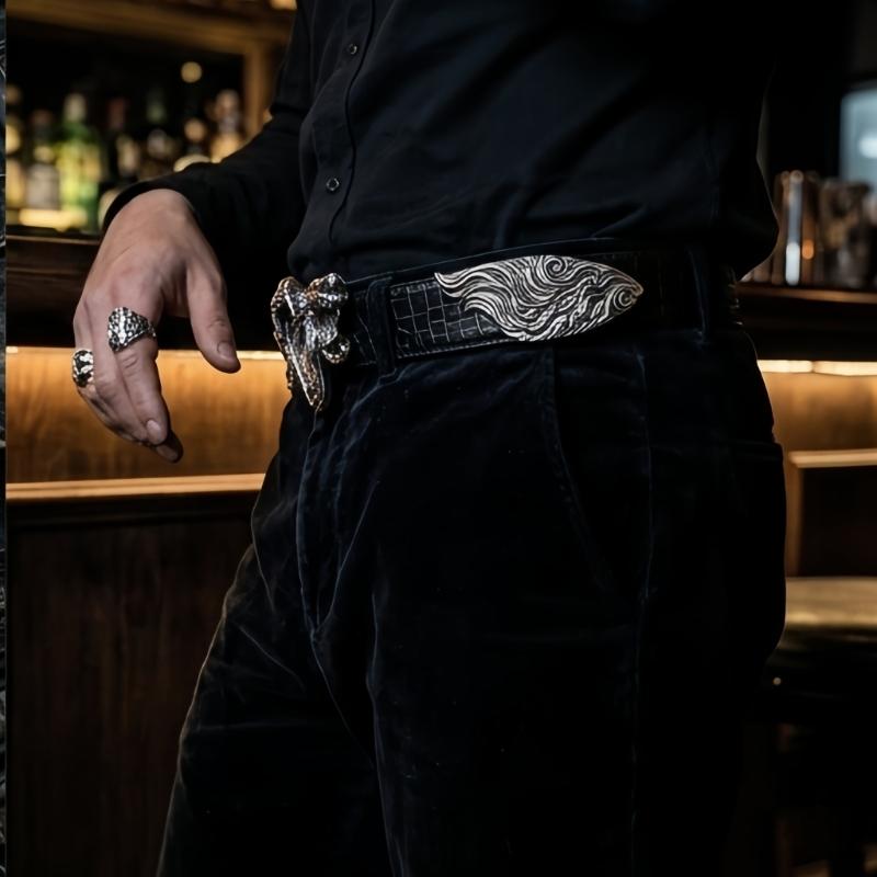 Black Embossed Waist Belt with Texture Design, Metal Buckles and PU Waist Strap for Street Wear Styling Pants Accessories