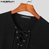 INCERUN Vintage Mens Summer Short Sleeve Lace Up Neck Solid Color Casual T-shirts Tops