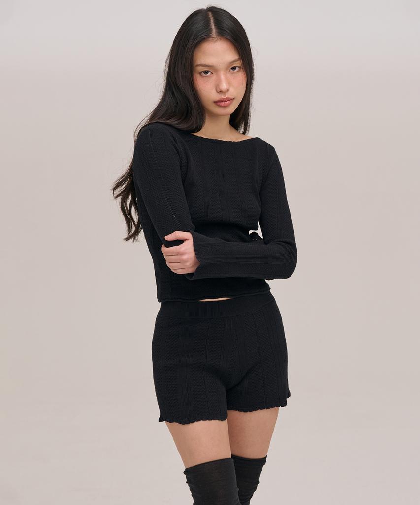 Jolliangbol Pointelle Wrapped Knit Shorts (Black)