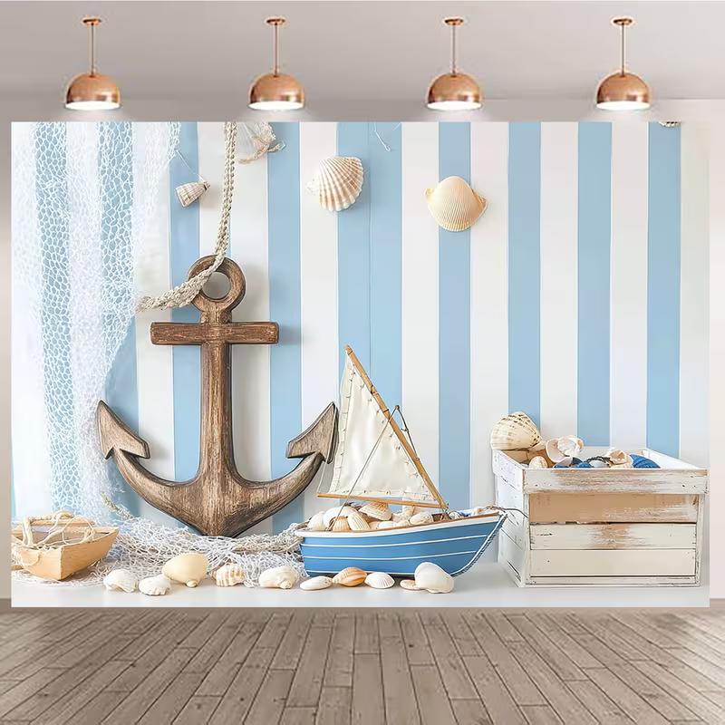 2D Nautical Anchor Backdrop with Sailboat, Shells and Fishing Net Photography Background