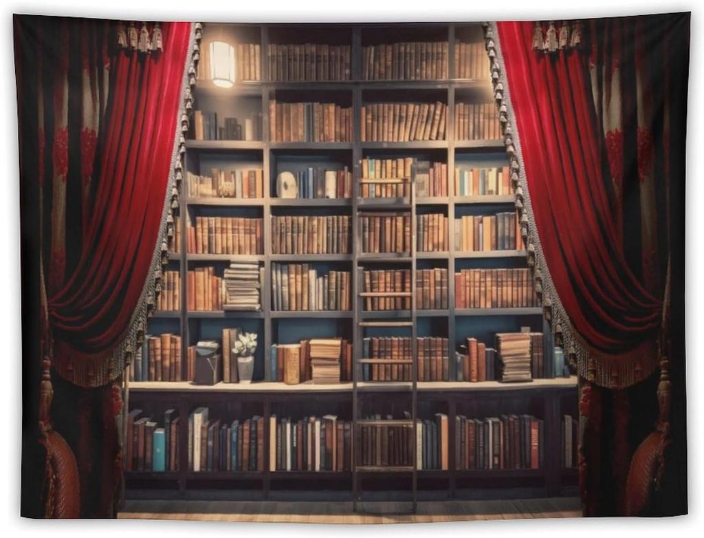 Retro Bookshelf Tapestry Vintage Library Wall Hanging Tapestries,Old Books On Shelf Classical Study Room Student Study College