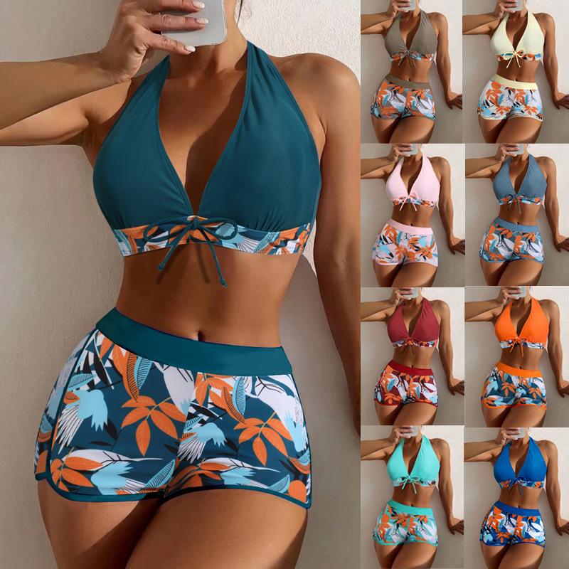 Dames Bikini Badpak Set Sexy Hoge Taille Strandshorts Strik Rugloos Ondergoed Tropische Stijl Strandkleding voor Zwemmen en Surfen