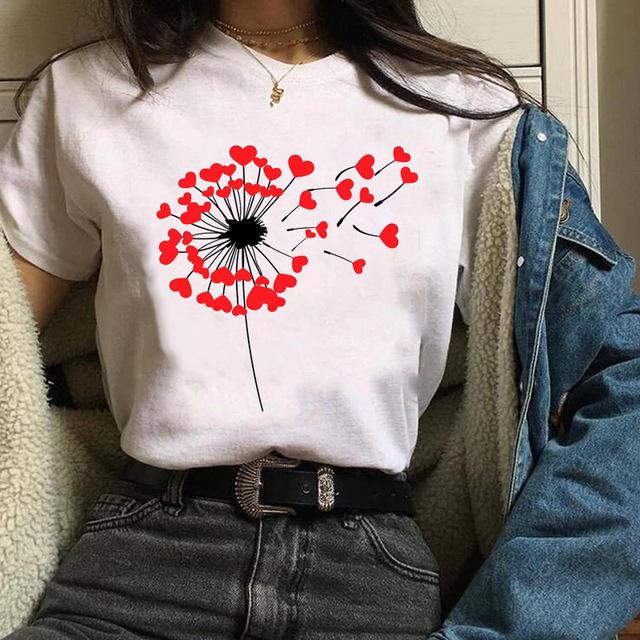 Fashion Cute Dandelion Heart Graphic Women T-Shirt 90S Harajuku Summer Shirts Short Sleeve Loose White Blouse O-Neck Female Tops
