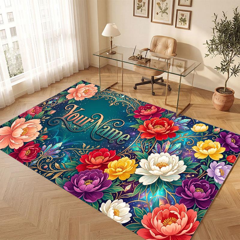 Floral Garden Theme Crystal Velvet Floor Rug Personalized Custom Name Text Warm Carpet Home Decoration