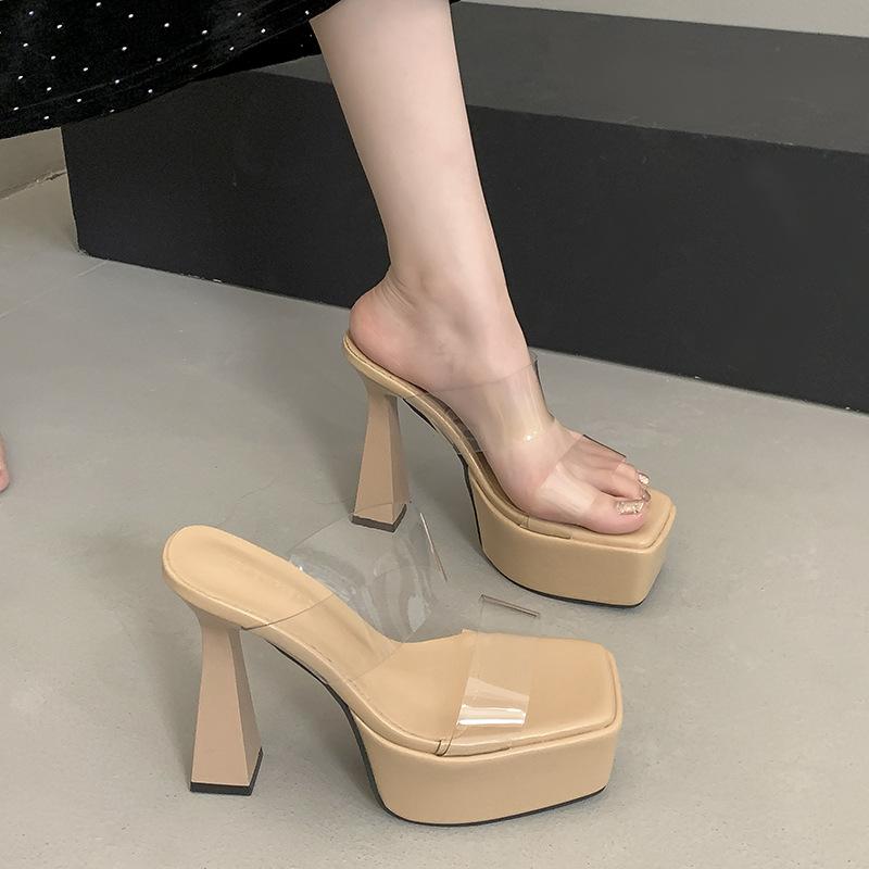 Square Head Transparent Word with Thick Sole Outer Wear Slippers Women's Summer Thick Heel Waterproof Table Small Man Height Increase Super High Heels