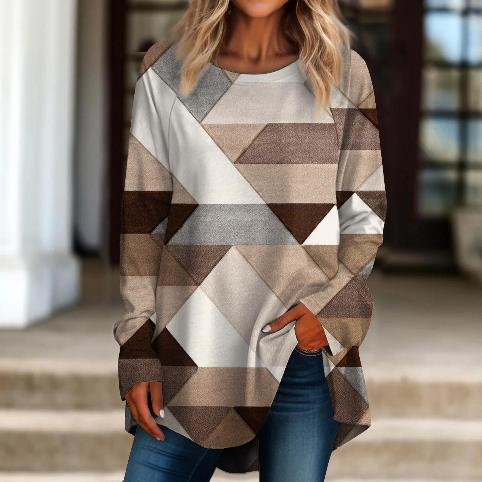 Women s Casual Plus SizeLong Sleeved Round Neck Retro Printing T-shirt Top Pullover L хаки