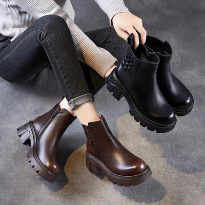 Kurze Stiefel Damen Herbst/Winter Lederschuhe, Retro Runde Zehenpartie, Dicker Absatz, Dicke Sohle Schuhe